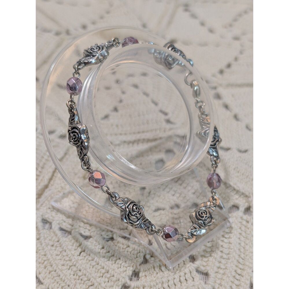 Silver Tone Rose Link Bracelet Lavender Purple Crystal Faceted Beads Cottagecore